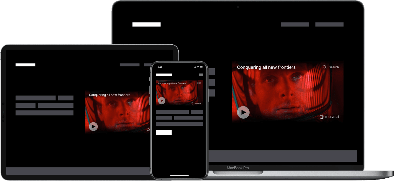 Skiv 4k adaptive player embedded on a website, displayed on 3 different devices